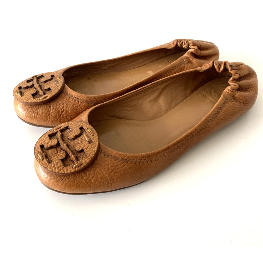 TORY BURCH Classic Minnie Ballet Flat Brown Leather Logo Slip On Round Toe Tan 9 - Picture 5 of 9